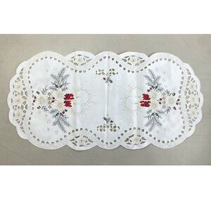 Vintage Holiday Table Scarf Candles Poinsettias Open Weave Embroidered Red Green